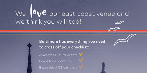 The top half of a full-page ad promoting Fetch dvm360 conference in Baltimore with text that reads, "We love our east coast venue and we think you will too!"