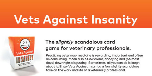 Top half of an ad for the card game Vets Against Insanity featuring a picture of the box and some text about it.
