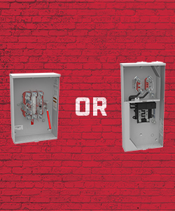 Rendering of a Milbank meter socket with bypass and meter main with disconnect imposed over a red brick background.