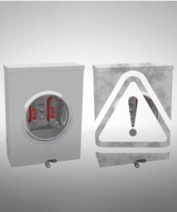 This screenshot shows a rendering of a meter socket on the left and a damaged meter socket with a warning symbol over it on the right.