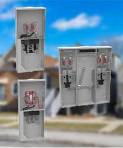 Three renderings of Milbank meter mains are featured over a blurred background of houses.
