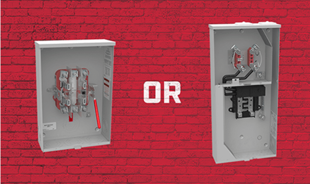 A lever bypass product on the left and a meter main with disconnect on the right.