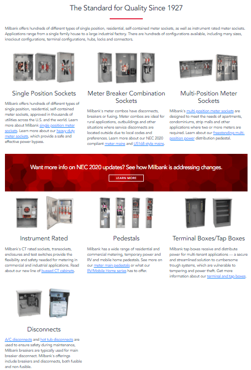 The Milbank metering page features multiple subcategories including single position sockets and meter breaker combination sockets.