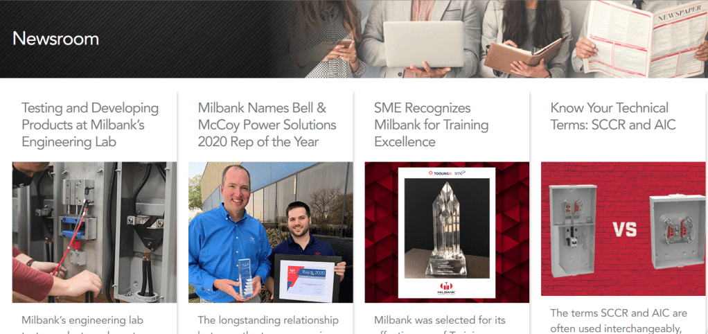 Homepage of the Milbank newsroom featuring articles on product testing, rep of the year, a training award and an article on technical terms.